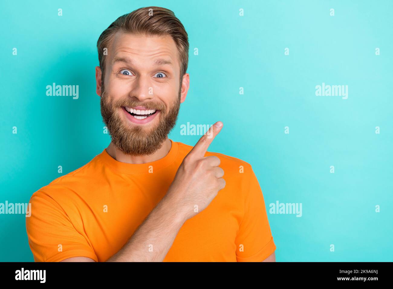 Portrait of astonished cheerful person beaming smile direct finger ...