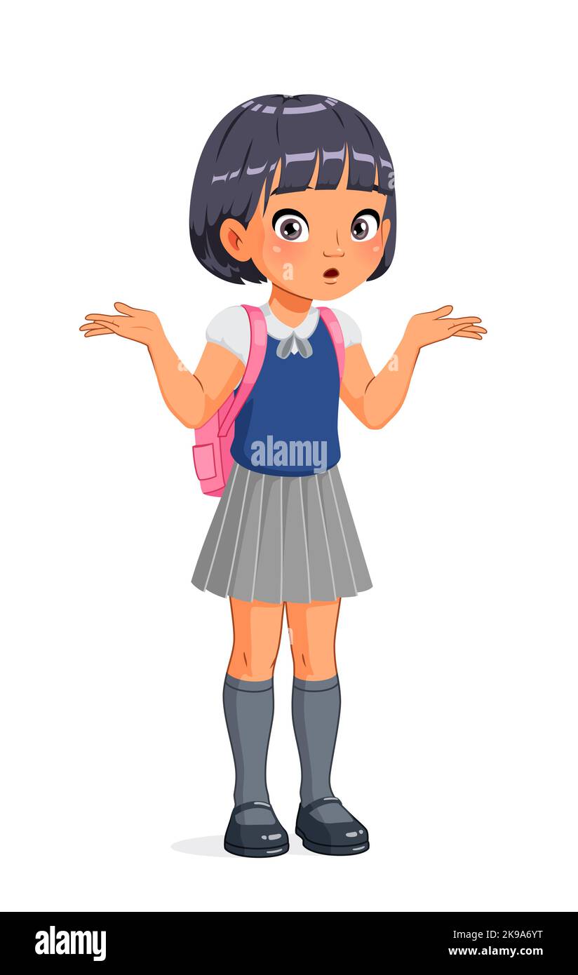 Confused Asian school girl shrugging shoulders. Cartoon vector