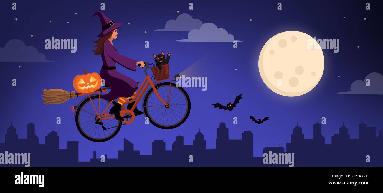 Scary witch riding a magical bicycle with her black cat and flying in the sky, Halloween concept Stock Vector