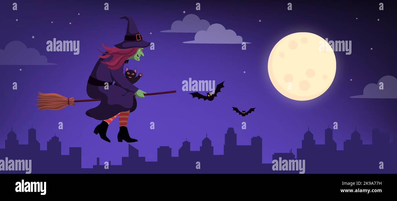 Scary funny witch and black cat riding a broom and flying in the sky, Halloween concept Stock Vector
