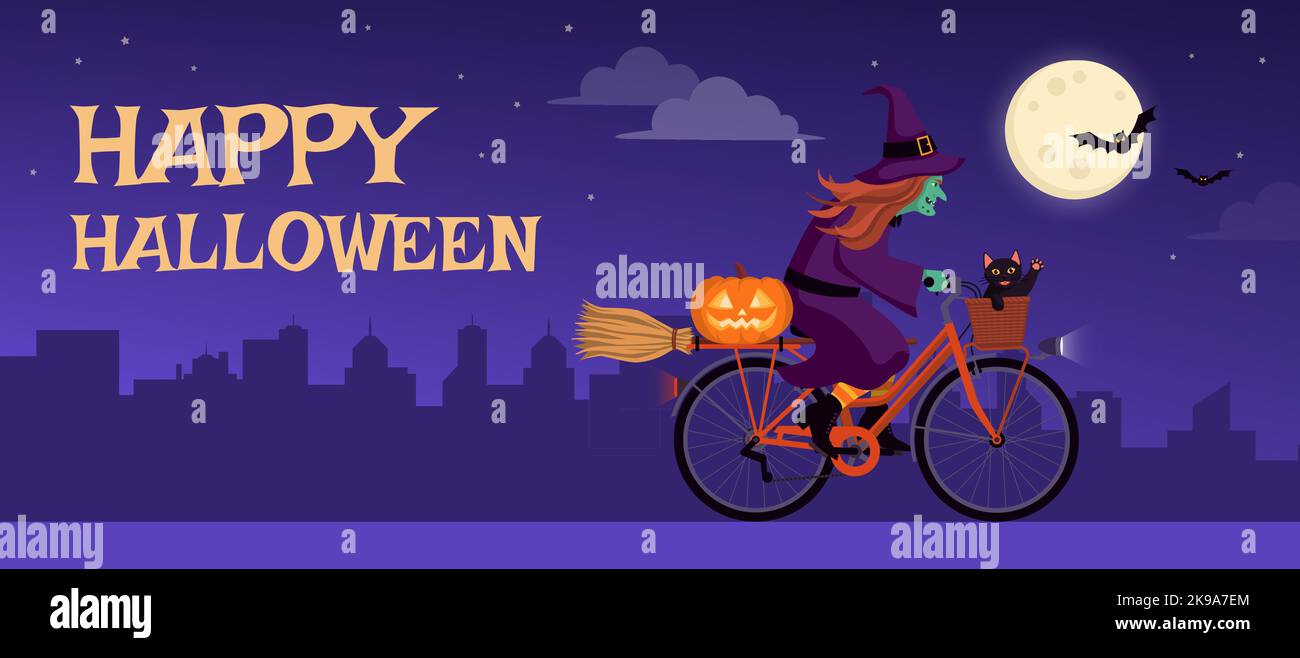 Scary funny witch riding a bicycle at night and Happy Halloween wishes Stock Vector