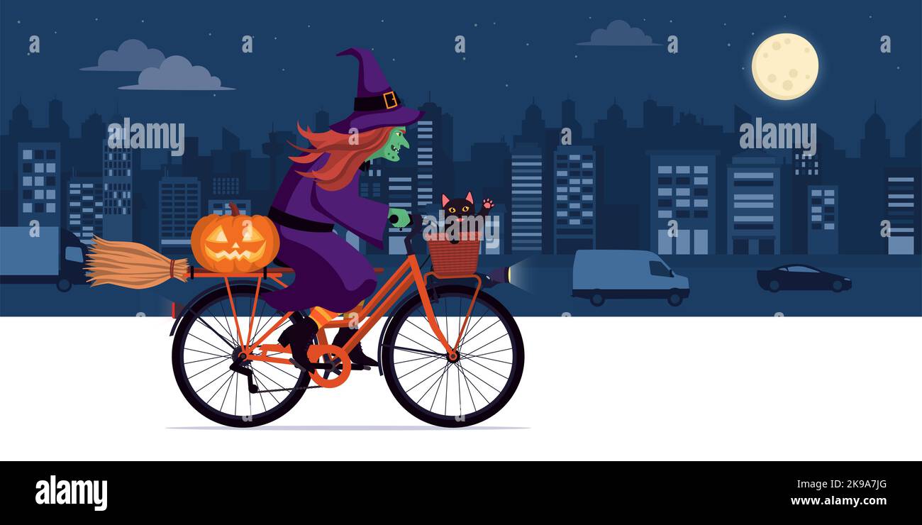 Scary ugly witch riding a bicycle at night in the city street: she is carrying a black cat, a broom and a Halloween pumpkin Stock Vector