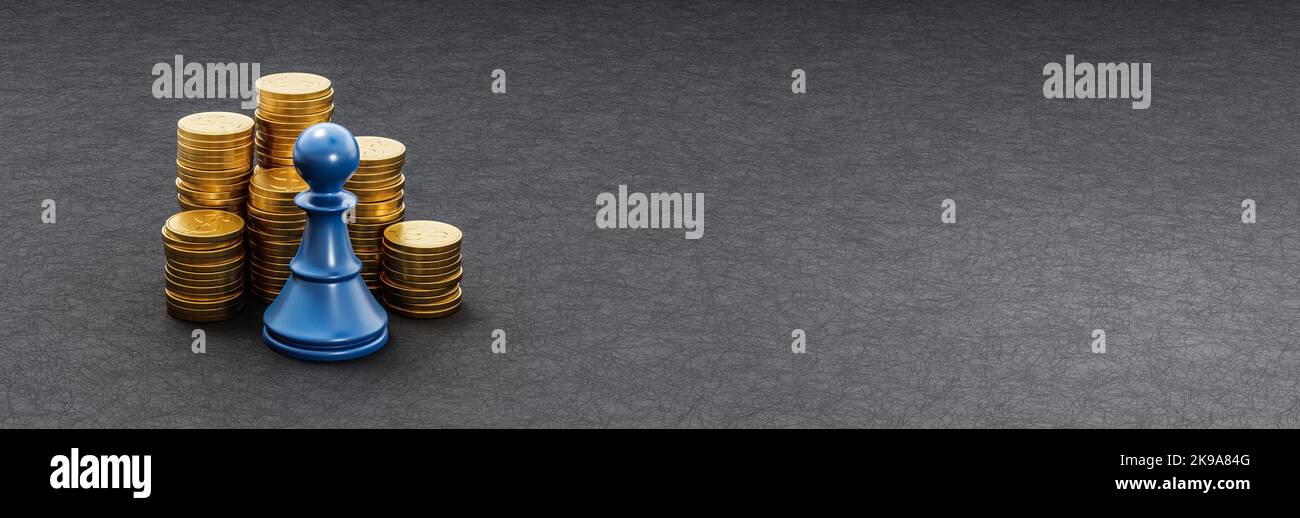 Chess Pawn ahead of Stacks of Coins on Dark Background Stock Photo