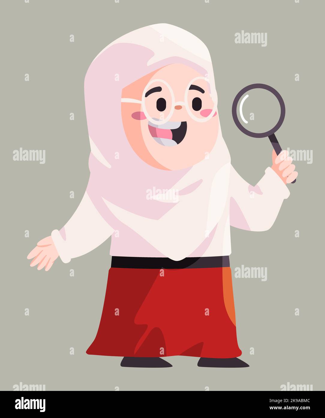 Girl Islam wearing hijab muslim female in red and white Indonesian uniform holding magnifier glass Stock Vector