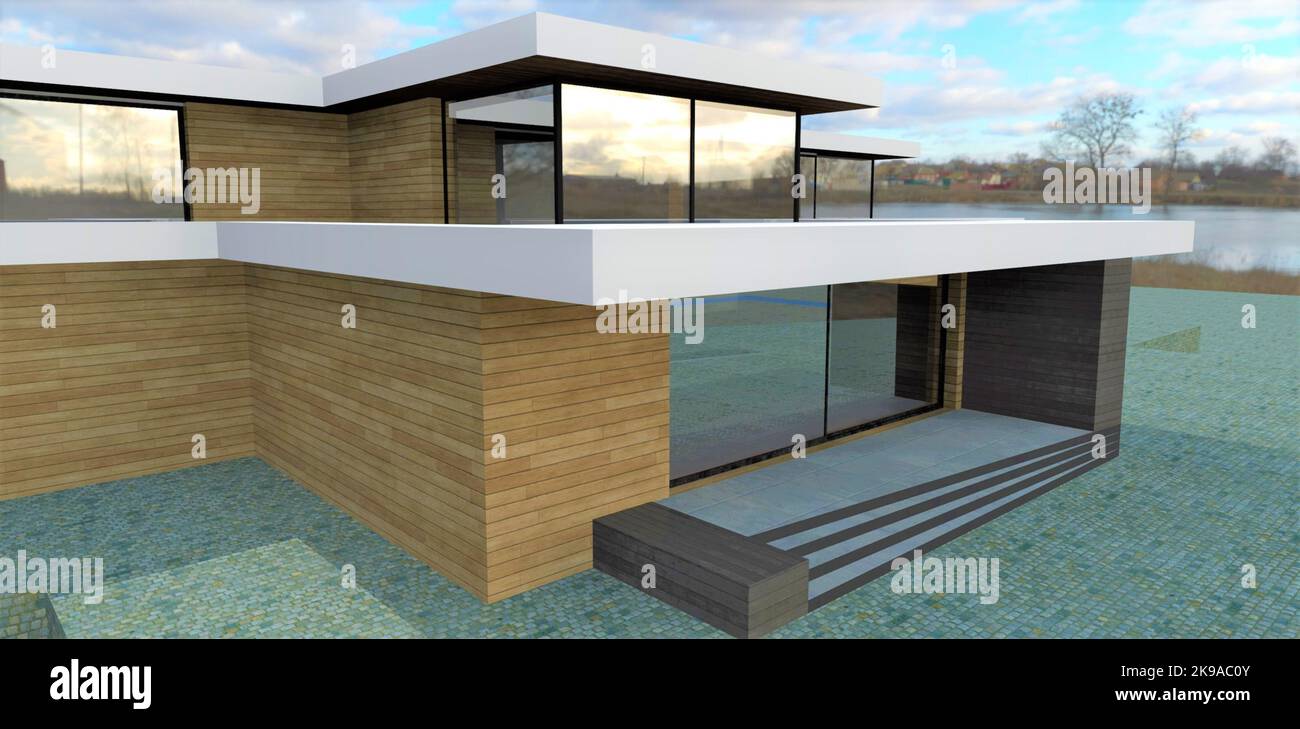 Terrace above the entrance to a luxury villa on the lake. Glass ...