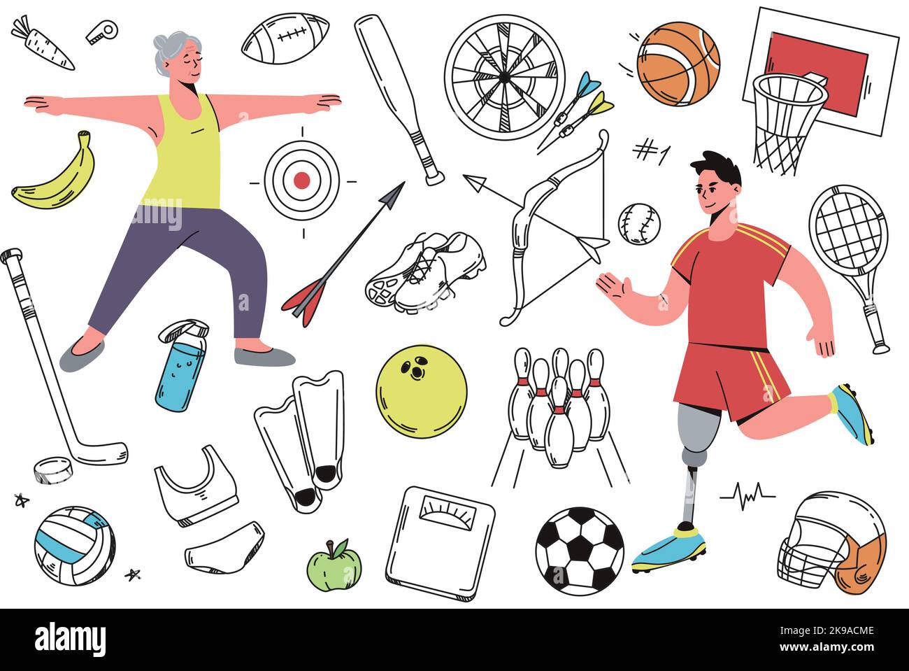 Hand drawn vector illustration set of sport doodle icons. Sports equipment and accessories with balls, racquet, helmet, flippers, scales, shoes and healthy food. People play football and doing fitness Stock Vector