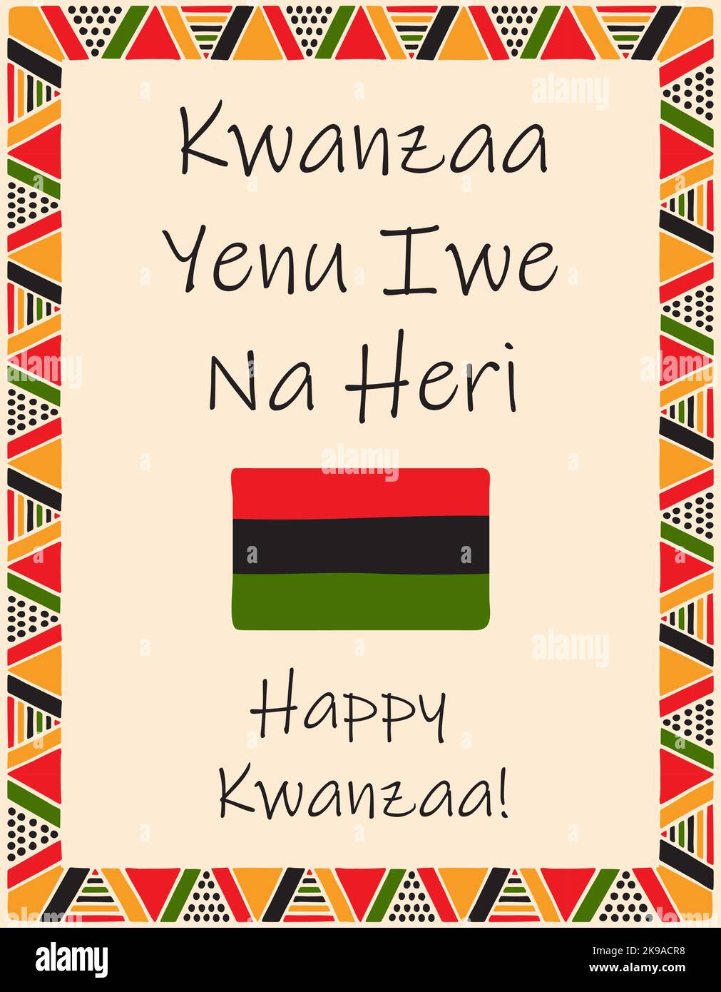 A card with flag in traditional Kwanzaa colors and Words Kwanzaa Yenu Iwe Na Heri Happy