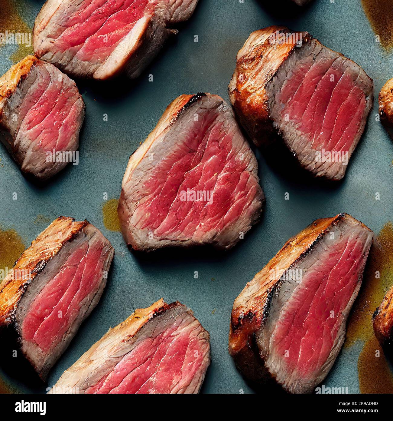 A flat lay view of a grilled ribeye steak. An upclose shot of ribeye