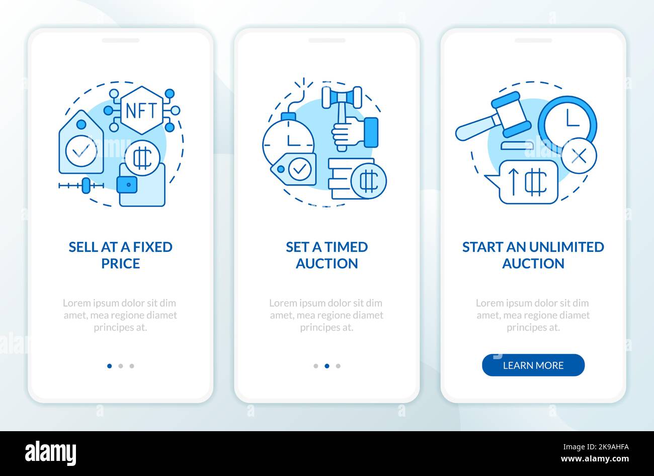 Ways of selling NFTs blue onboarding mobile app screen Stock Vector ...
