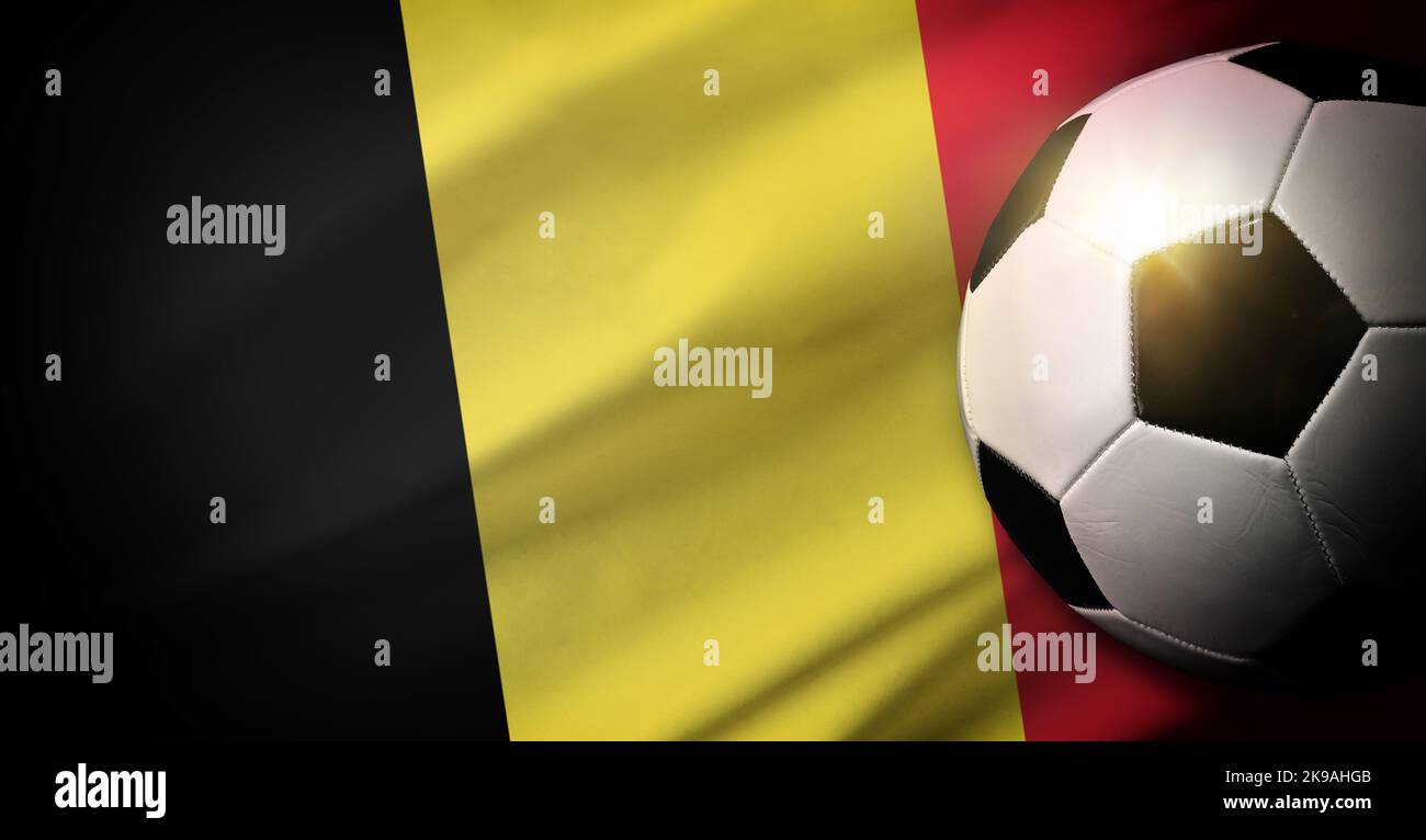 Belgium national team composition with classic ball on grass and flag in the background. Top view. Stock Photo