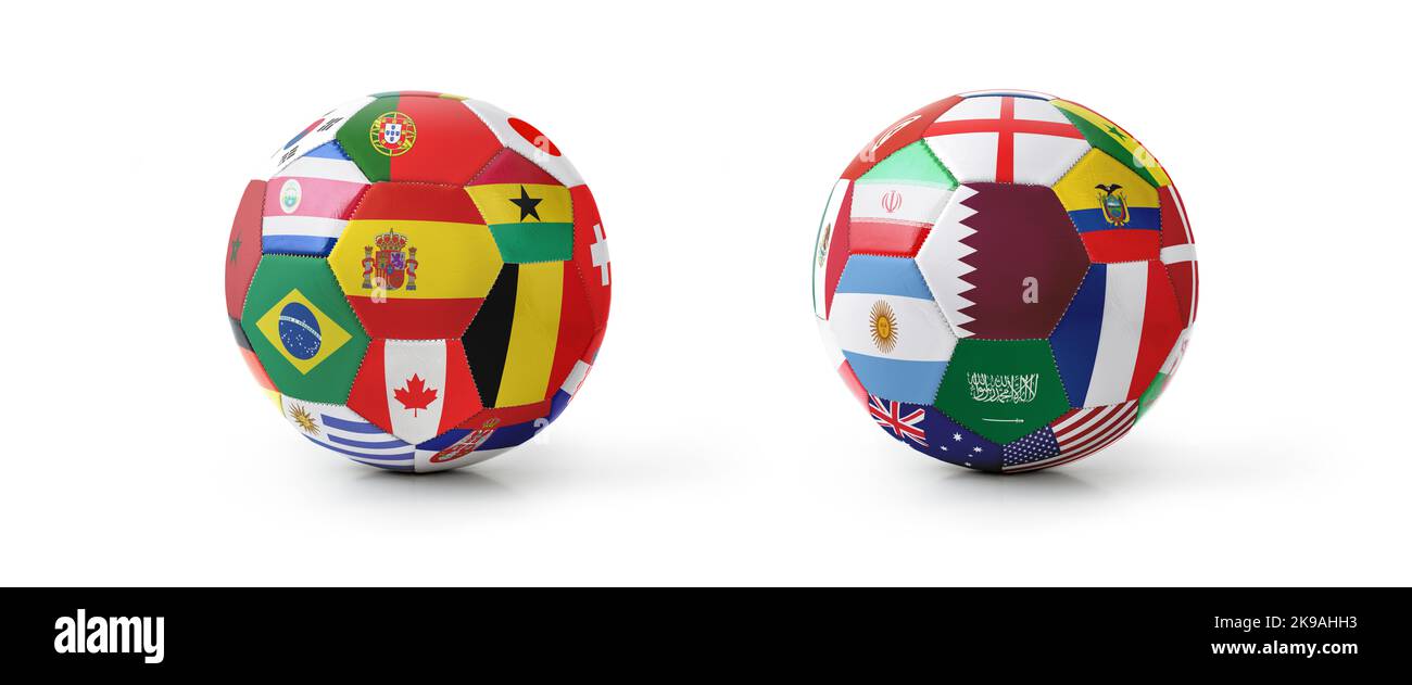 Two soccer balls of the teams qualified for the 2022 world championship with white isolated background and reflection and shadow. Stock Photo