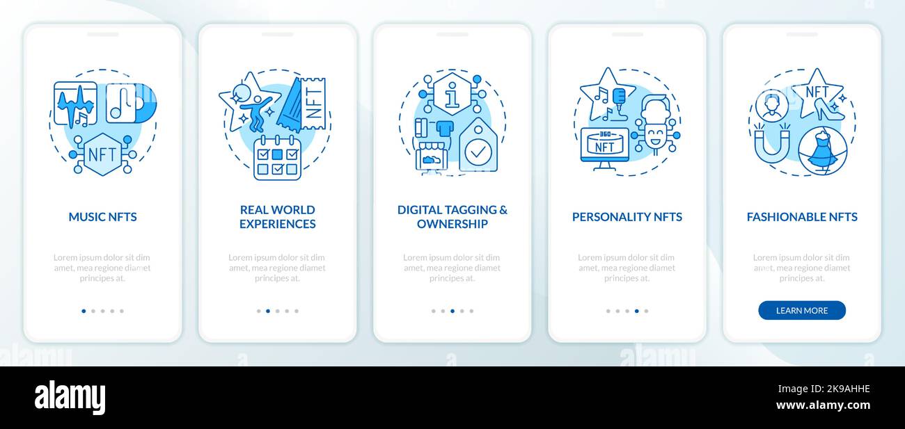 Trends in NFT space blue onboarding mobile app screen Stock Vector