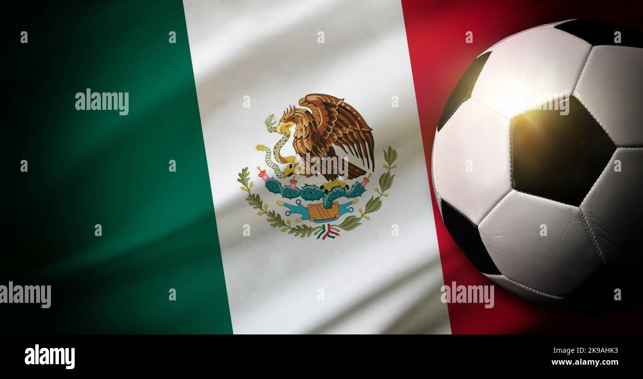 Mexico national team composition with classic ball on grass and flag in the background. Top view. Stock Photo