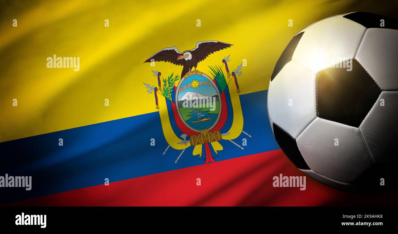 Ecuador national team composition with classic ball on grass and flag in the background. Top view. Stock Photo