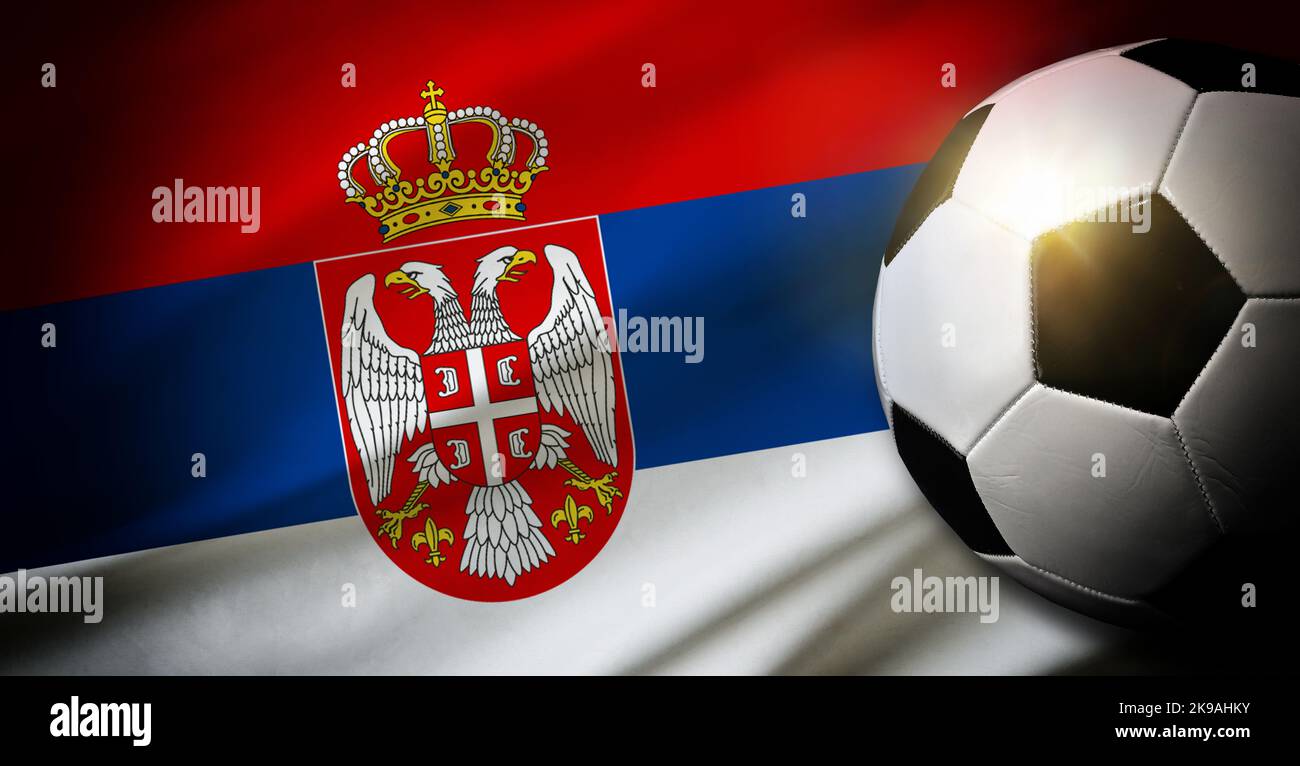Serbia national team composition with classic ball on grass and flag in the background. Top view. Stock Photo