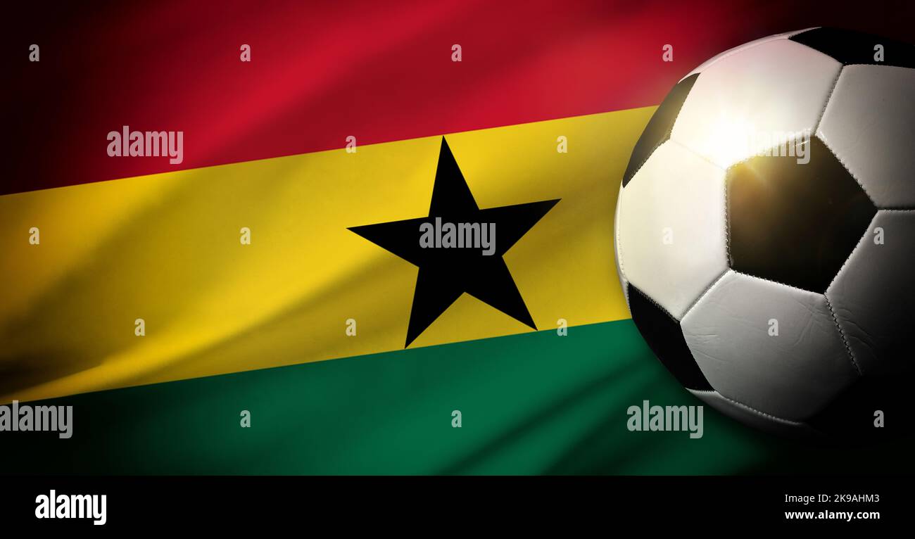 Ghana national team composition with classic ball on grass and flag in