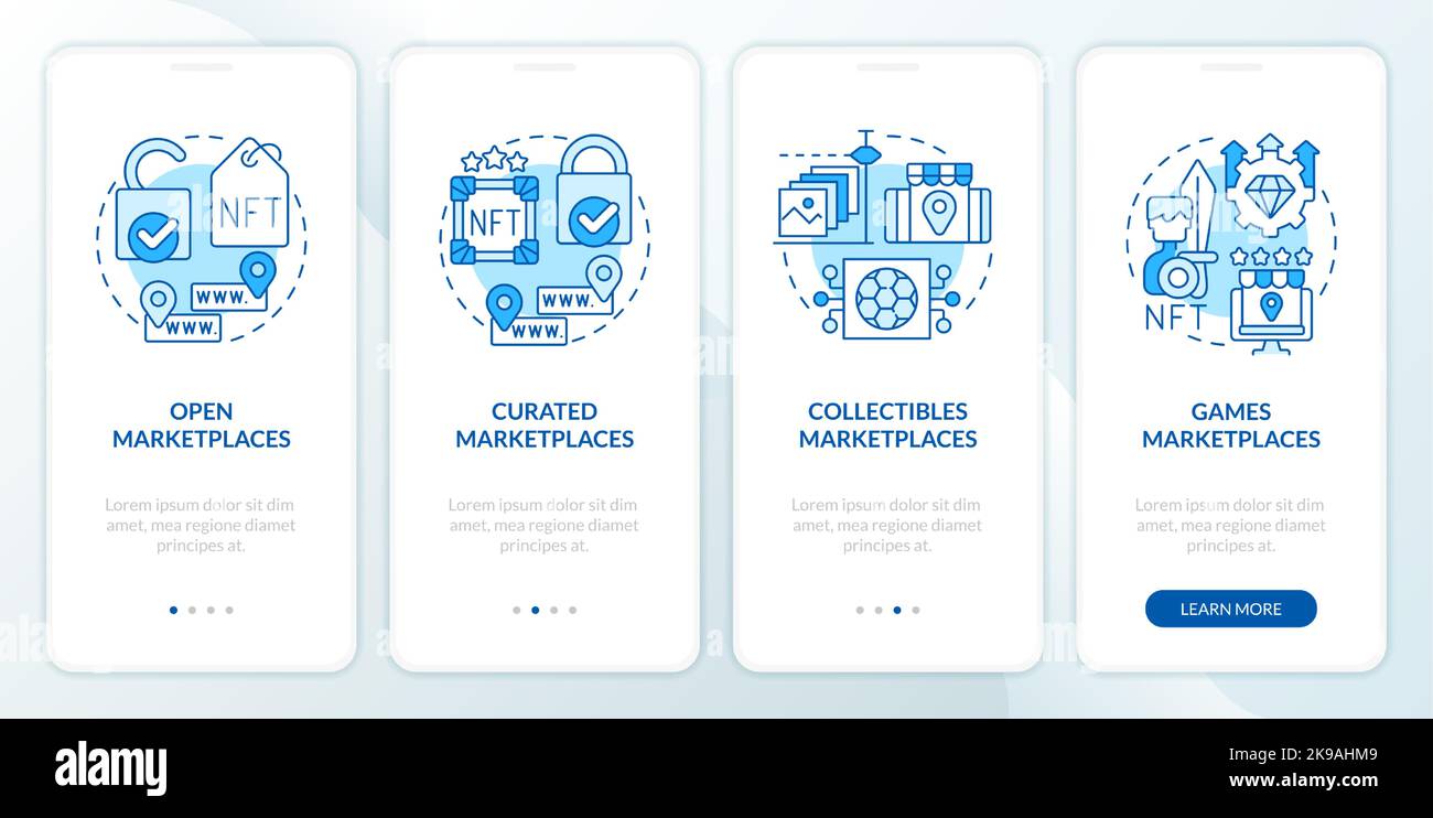 NFT marketplace categories blue onboarding mobile app screen Stock ...