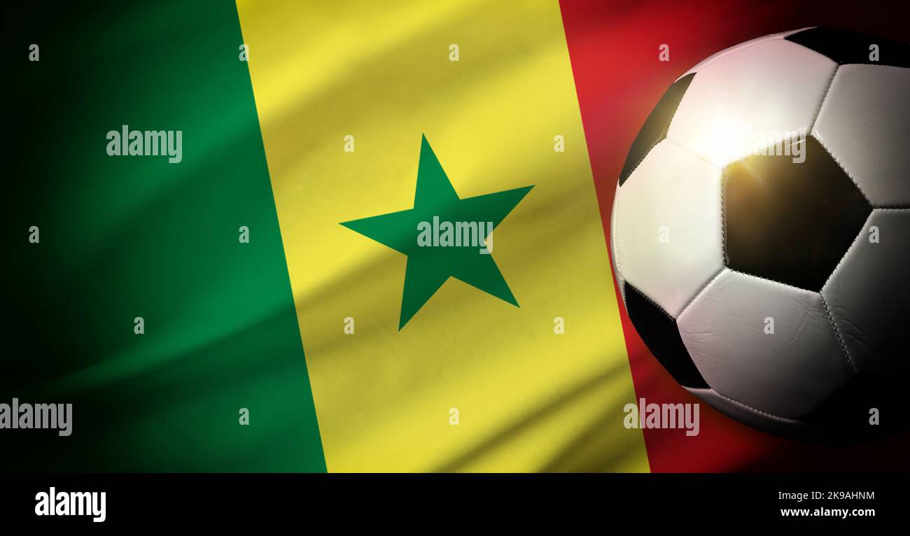 Senegal national team composition with classic ball on grass and flag in the background. Top view. Stock Photo