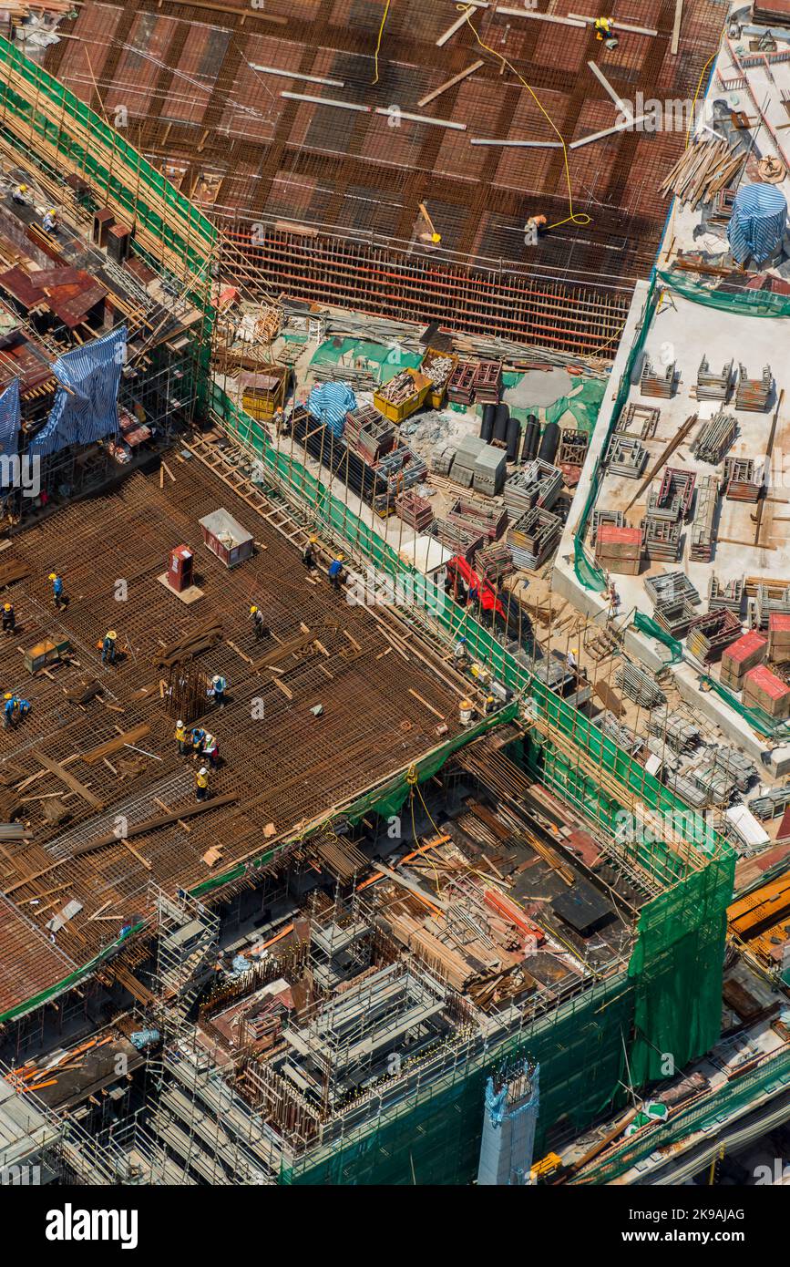 Aerial view of the M+ museum of visual culture, in the West Kowloon Cultural District, Hong Kong, under construction in 2017 Stock Photo