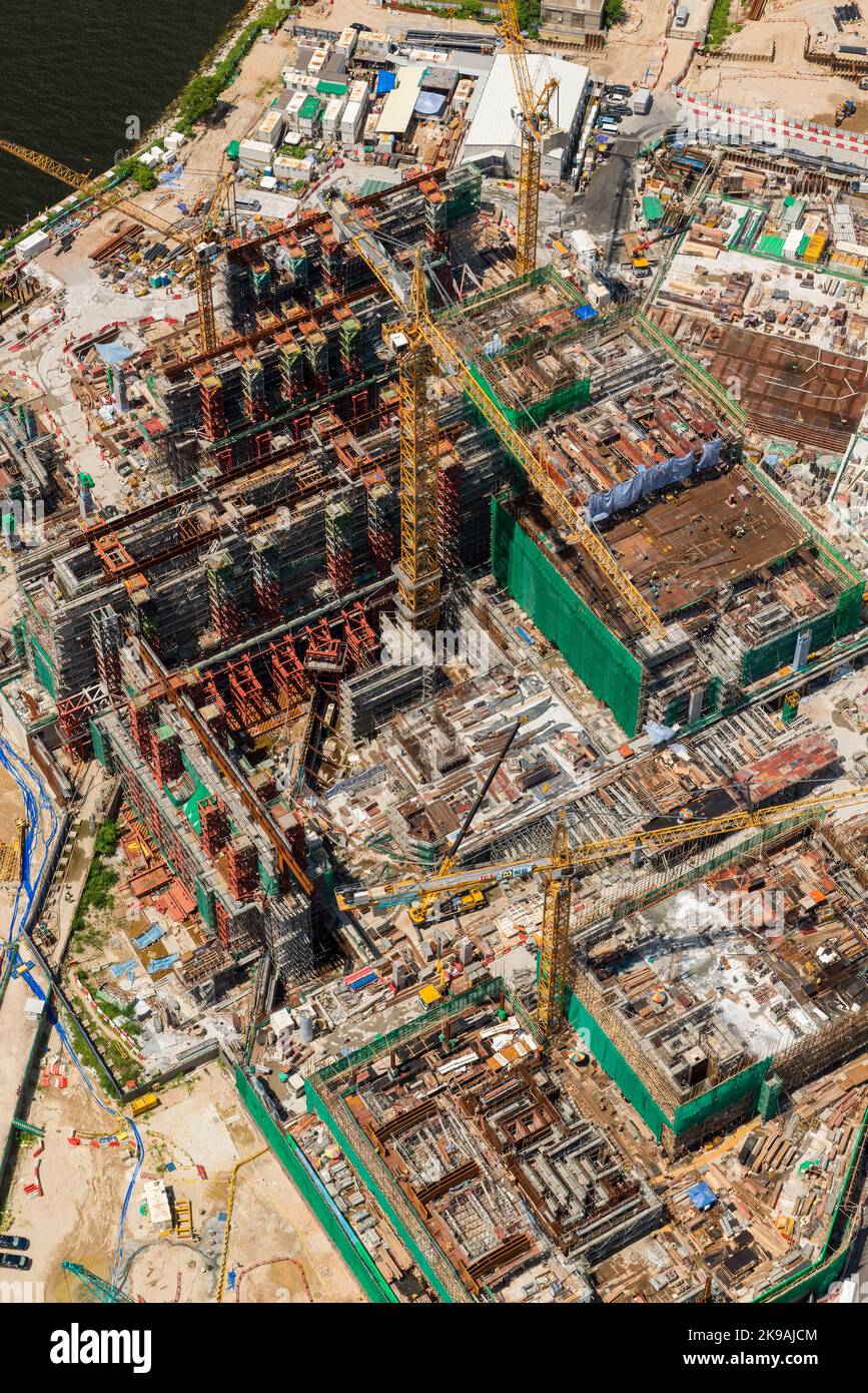 Aerial view of the M+ museum of visual culture, in the West Kowloon Cultural District, Hong Kong, under construction in 2017 Stock Photo