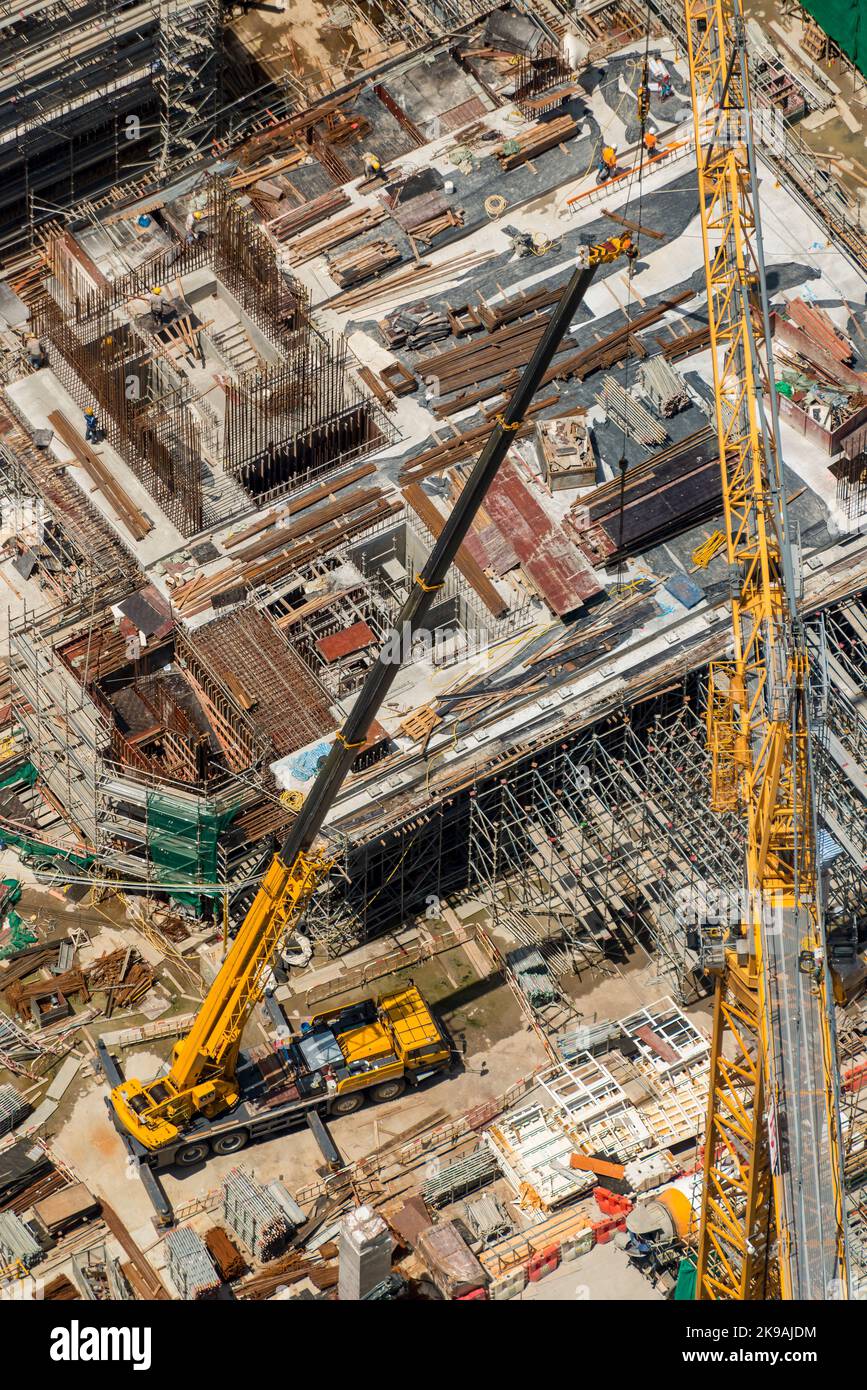 Aerial view of the M+ museum of visual culture, in the West Kowloon Cultural District, Hong Kong, under construction in 2017 Stock Photo