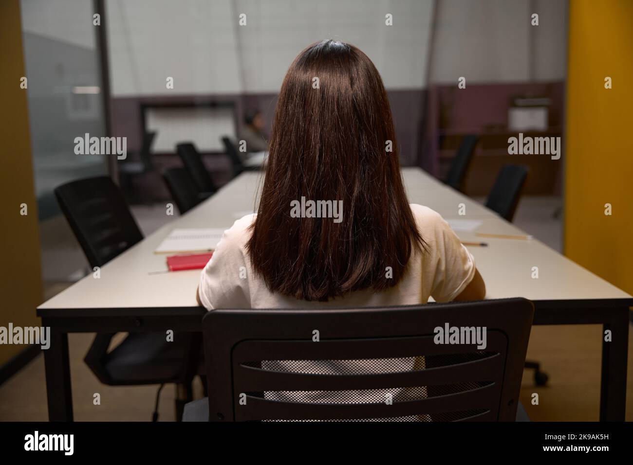 Unrecognized female is working in the meeting room Stock Photo