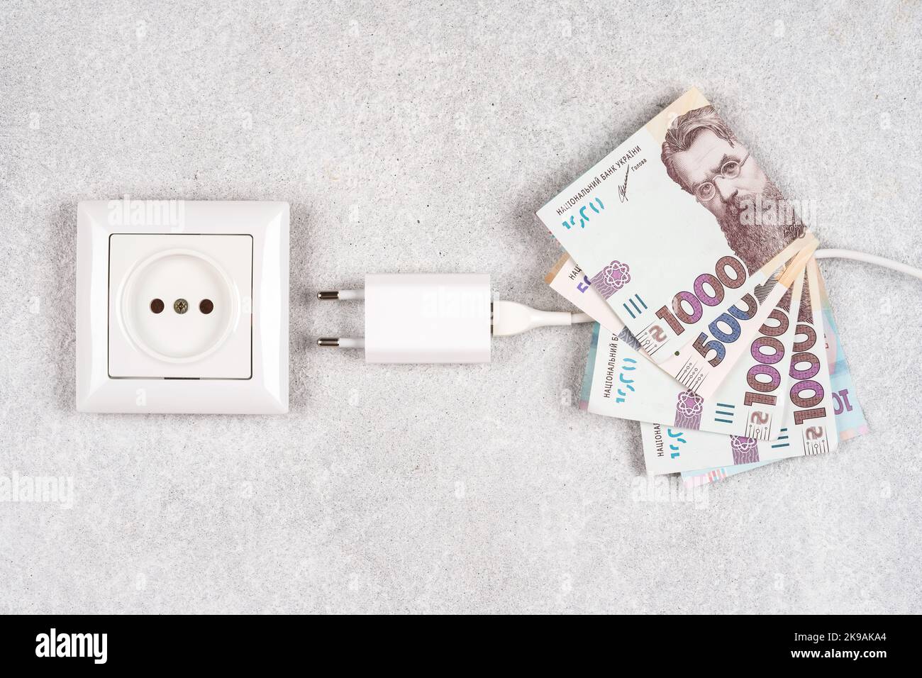 White socket, plug and electic cable with Ukrainian currency hryvnyas