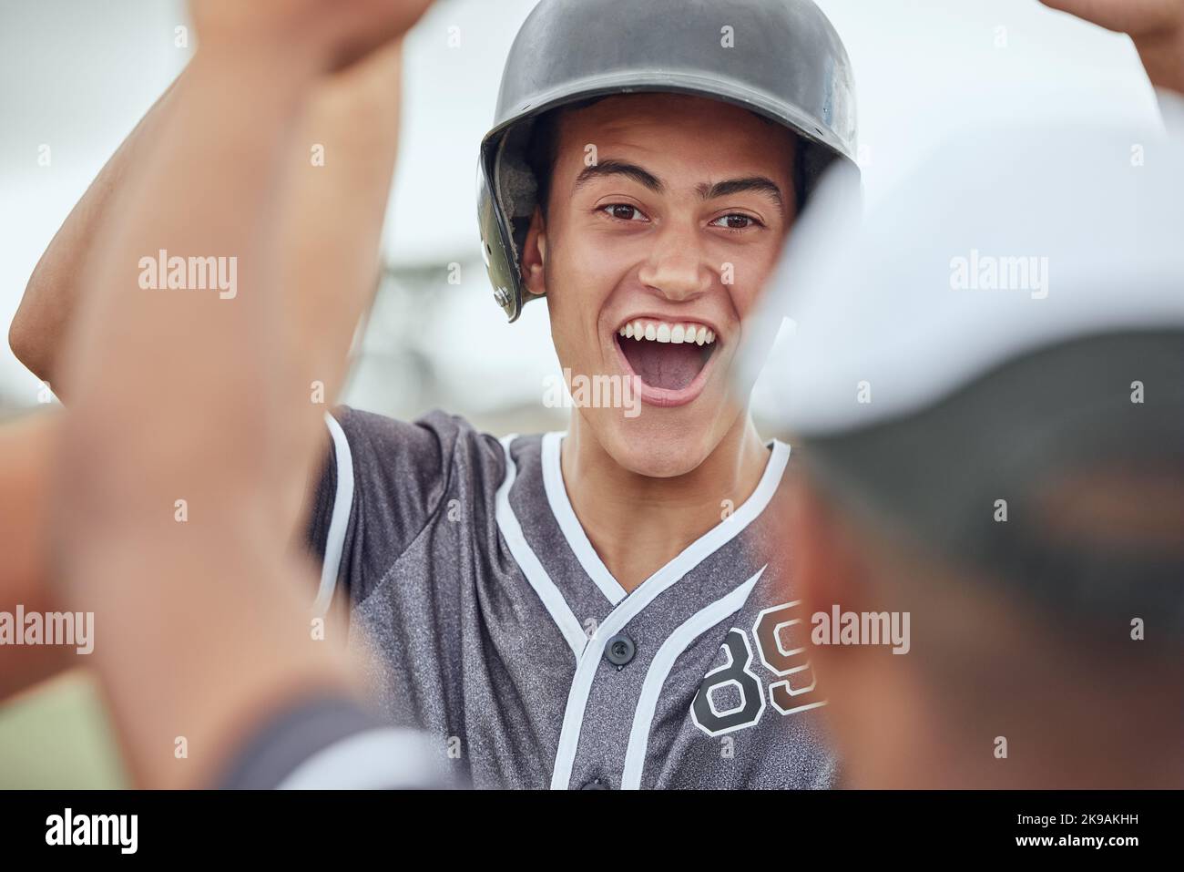 Baseball, team winner and game celebration of an athlete with a wow