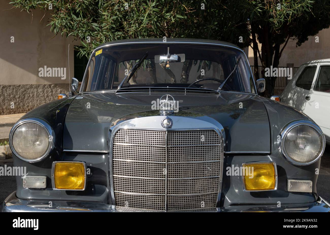 Felanitx, Spain; october 23 2022: Antique dark gray Mercedes automobile, parked on the street at an antique car show. Felanitx, island of Mallorca, Sp Stock Photo