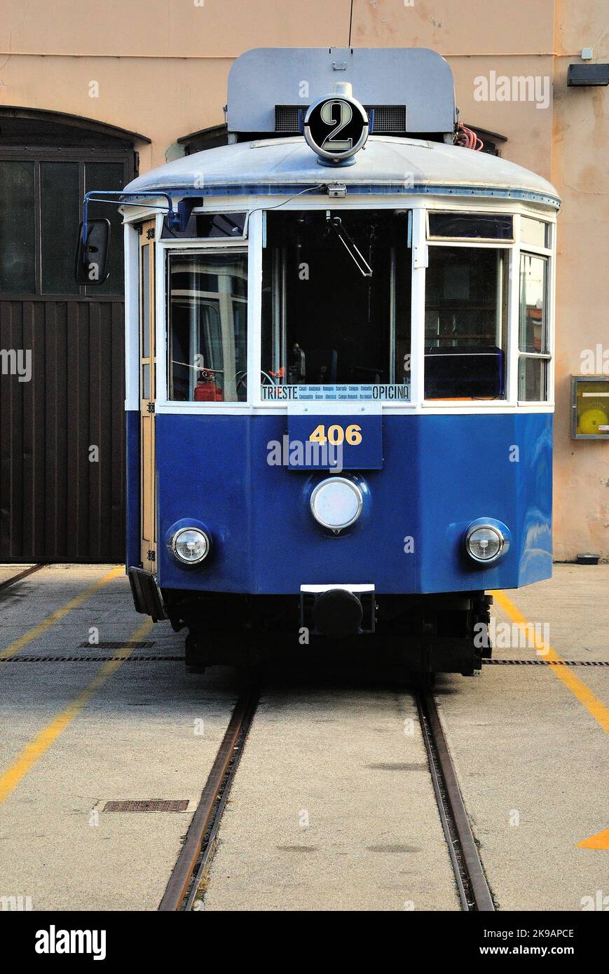 The tram of Opicina is a historic tram of Trieste. It connects the town of Opicina with the city of Trieste, its route is very steep. The Opicina tramway in 2022 celebrates 120 years since its inauguration on 9 October 1902. It is the oldest functioning tramway in Europe. The tram has been stopped since 08/16/2016 following an accident. It will probably resume functioning in 2023. Stock Photo