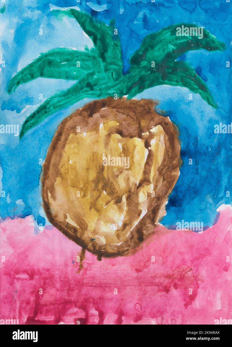 Still life with pineapple. (Ananas comosus). Bright watercolor picture on paper made by a small child Stock Photo