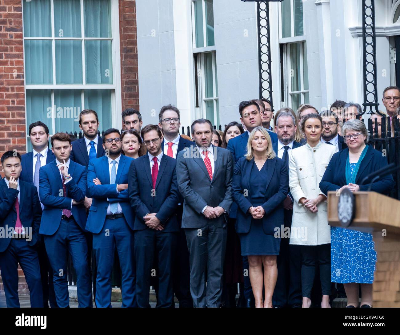 A group of staff including Thérèse Coffey stand waiting to say Good Bye to Liz Truss in Downing Street, London Stock Photo