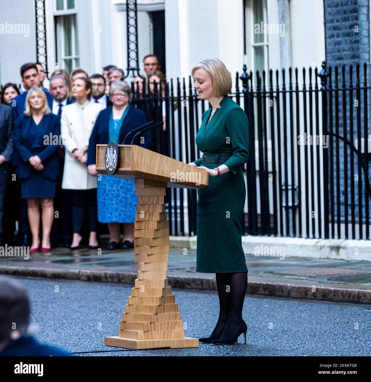 liz truss green dress Liz Truss Leaves Downing Street, Stresses Need to Be 'Bold' in Farewell Speech