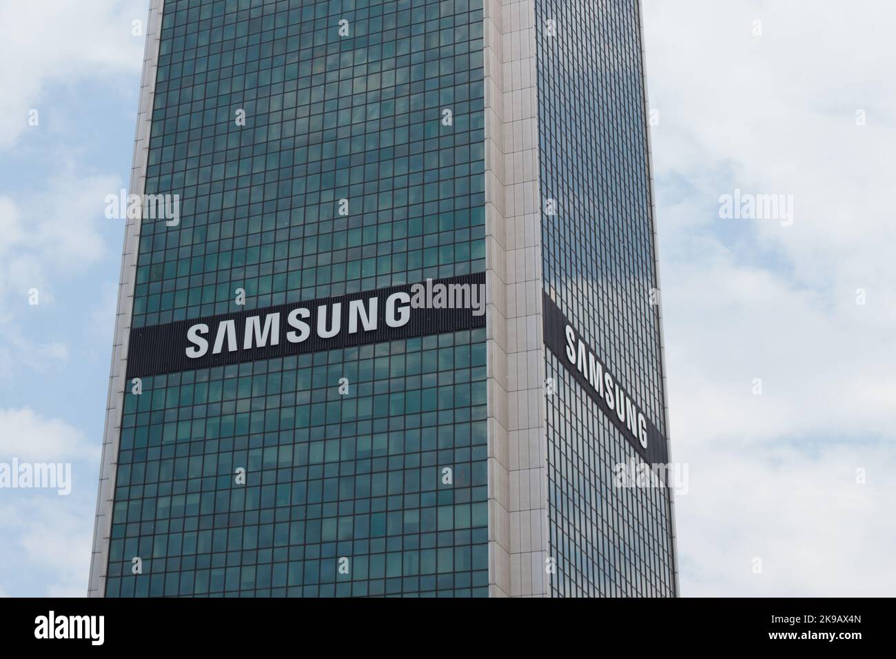 Poland, Warszawa - June 05, 2021: Samsung sign. Samsung's signboard on a high-rise building. Stock Photo