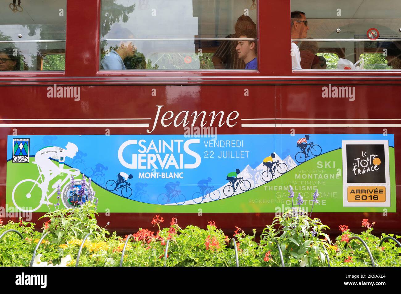 Le Tour de France. Affichage. Tramway du Mont-Blanc. Vendredi 22 juillet 2016. Saint-Gervais-les-Bains. Haute-Savoie. Auvergne-Rhône-Alpes. France. Eu Stock Photo