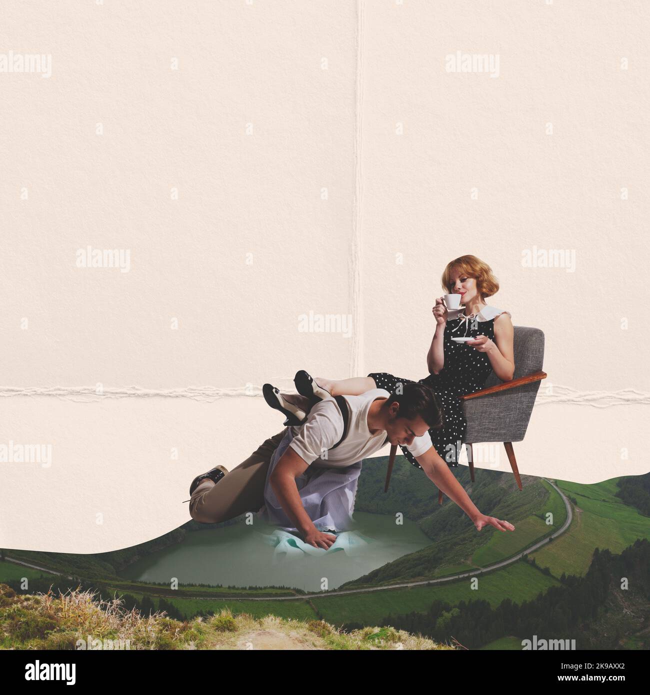 Contemporary collage. Surreal art design with stylish young retro ...