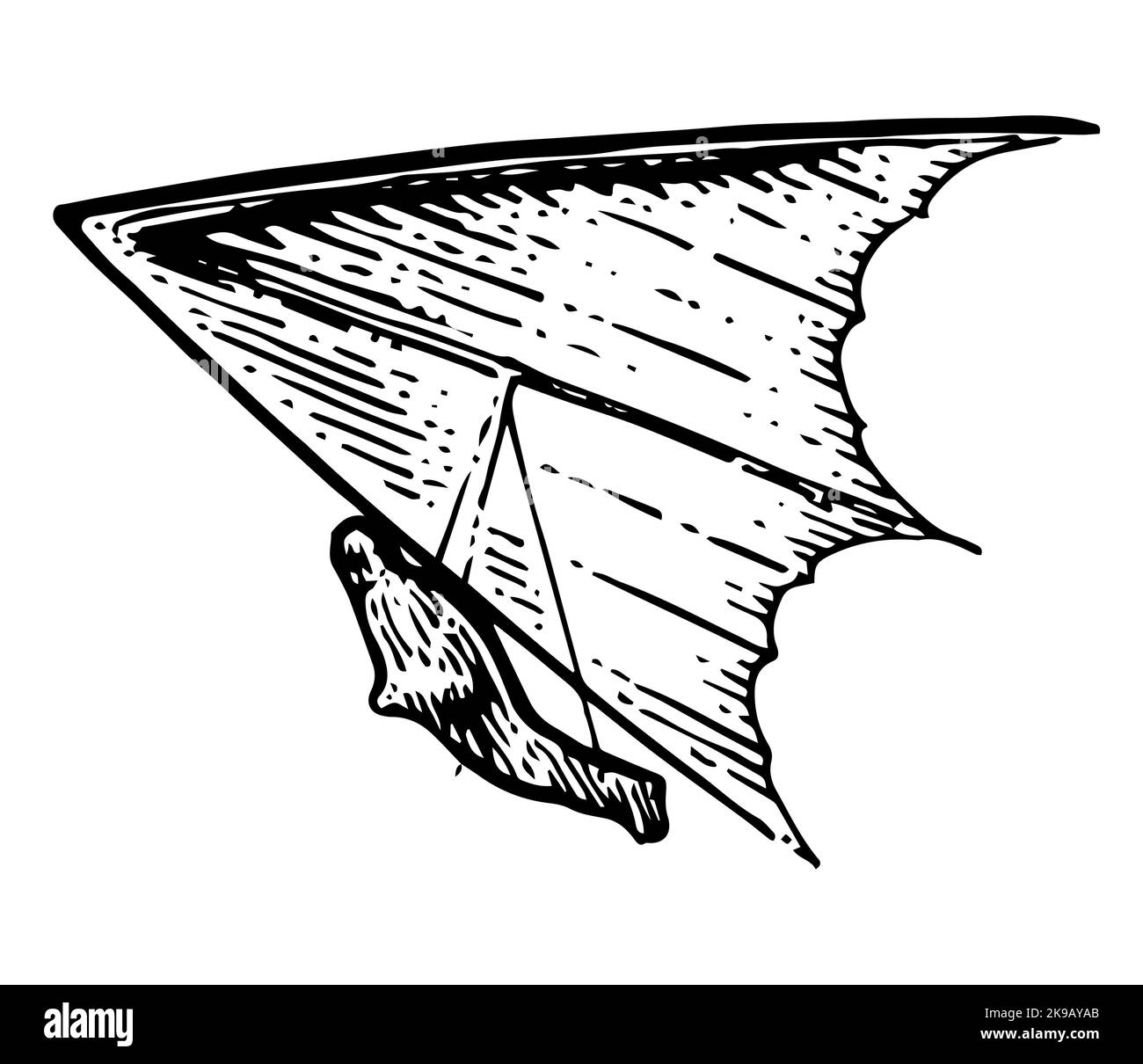 Hang glider takes off. Bottom view from afar. Hand drawn outline sketch. Isolated on white background. Vector Stock Vector