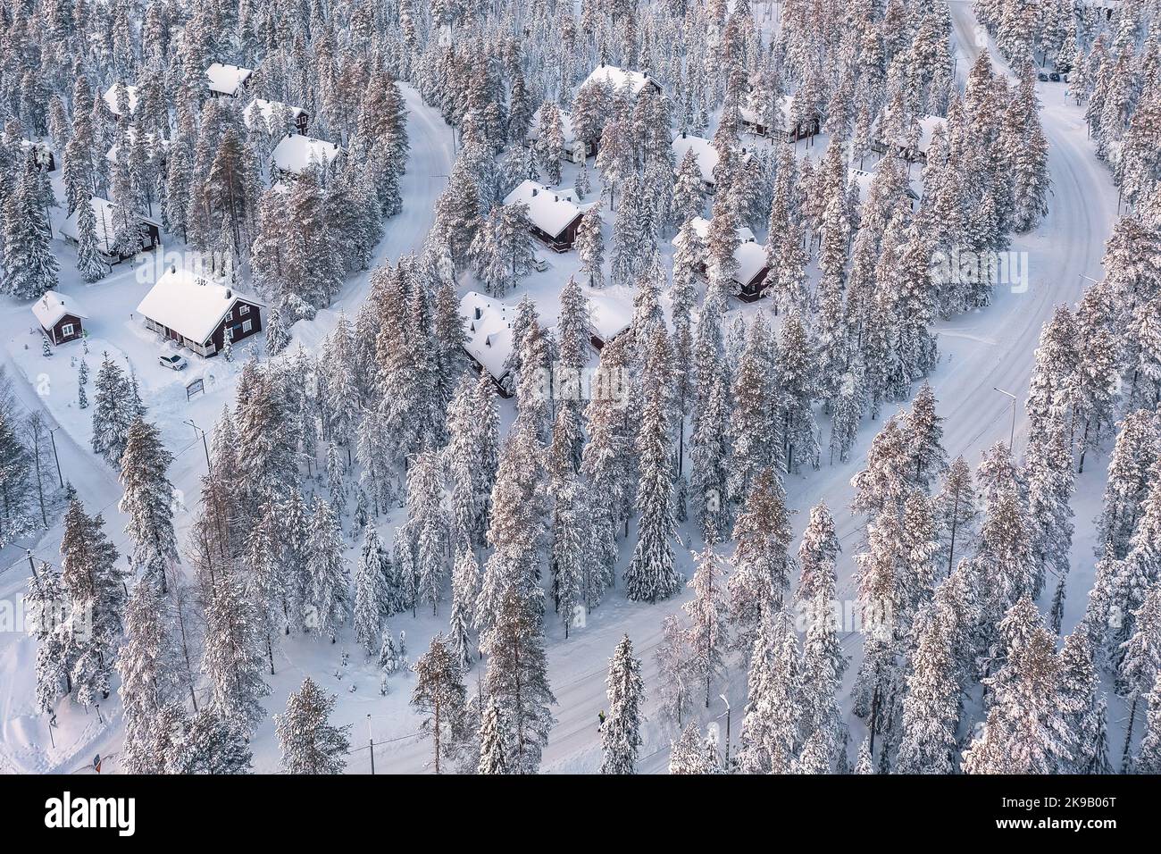Aerial view to houses in the woods in Finnish Lapland near Rovaniemi. Typical finnish winter