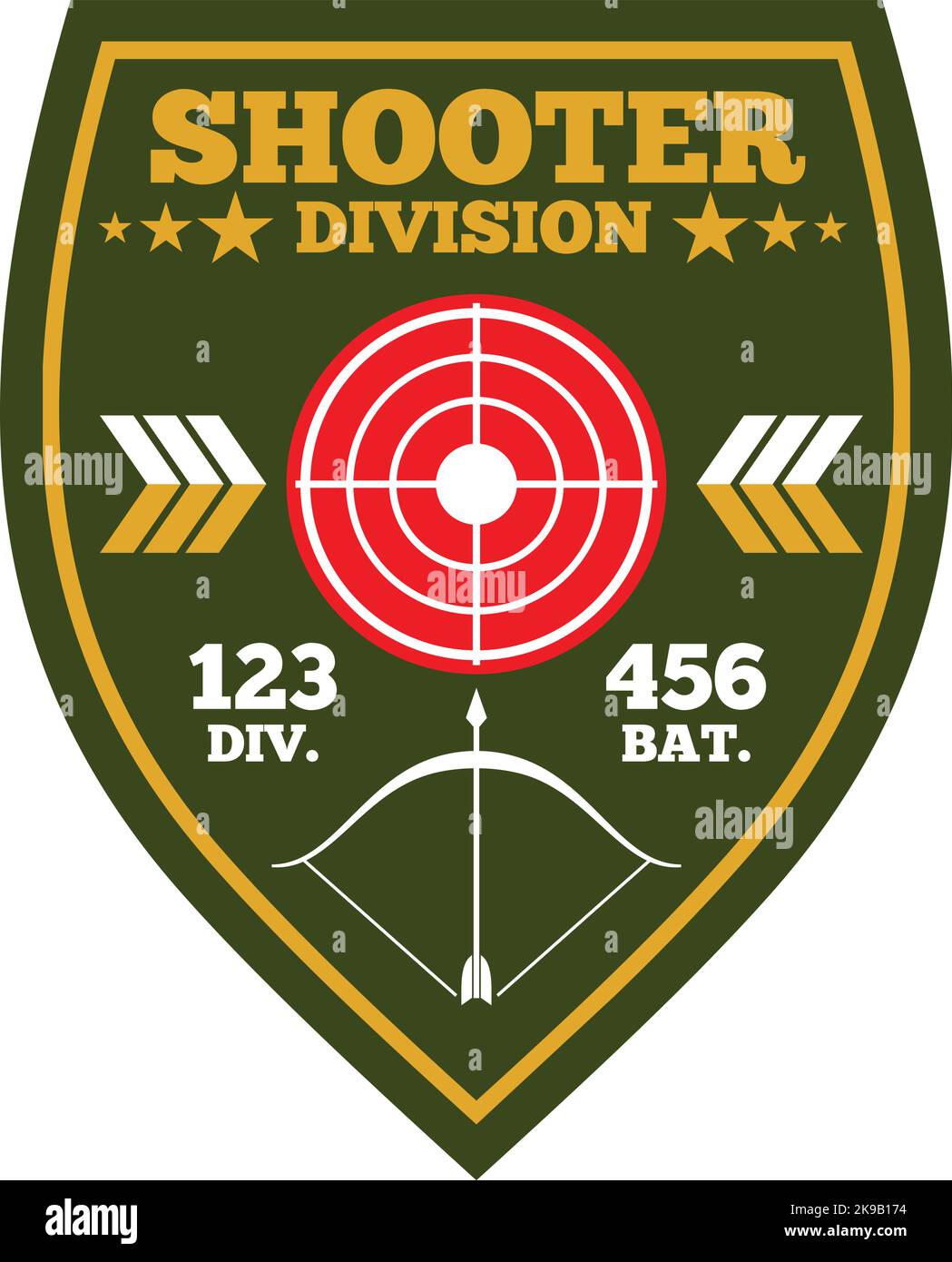 Shooter division logo. Shield shape arher camp emblem Stock Vector