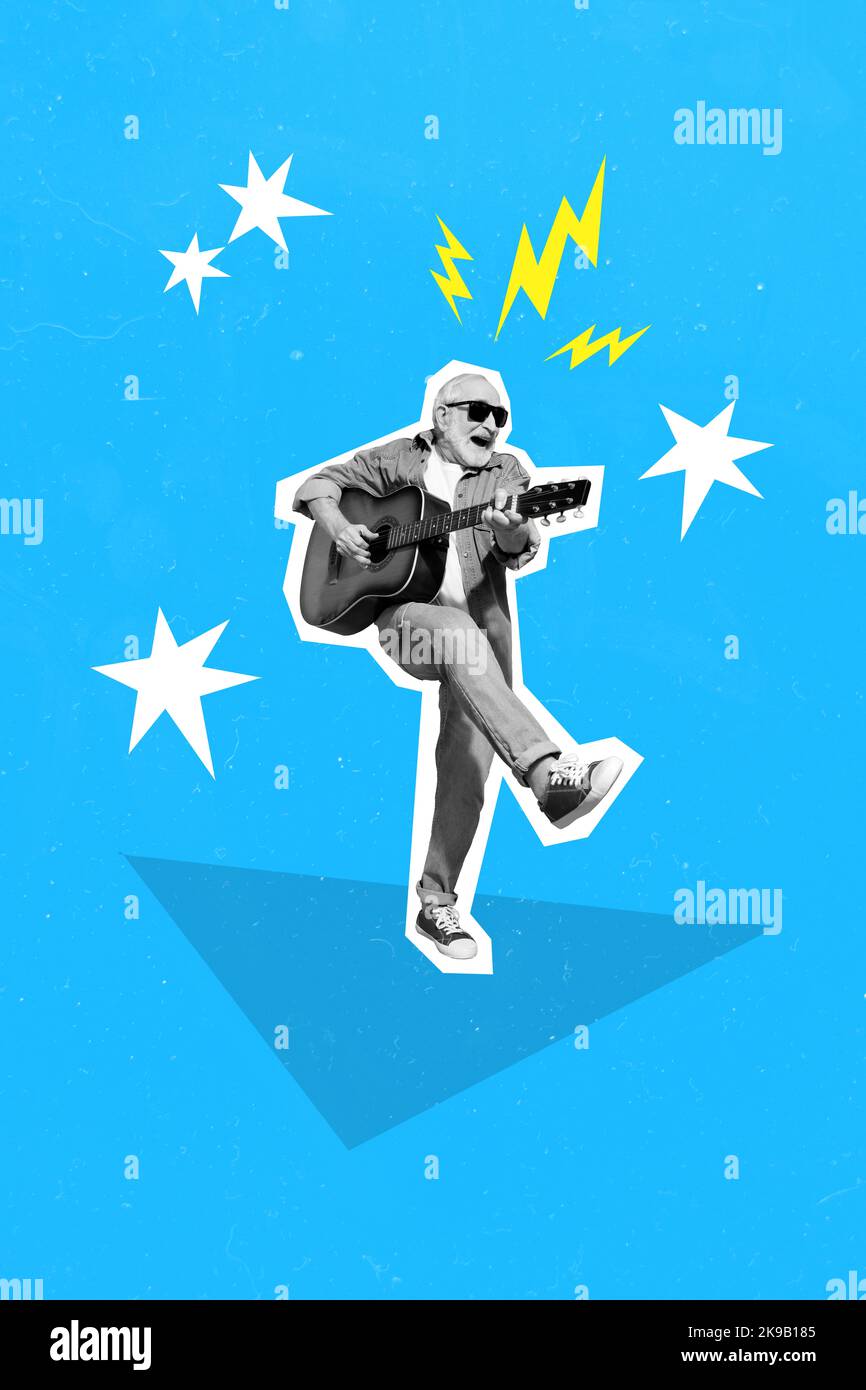 Vertical creative photo collage illustration of funny funky old man playing guitar dancing sing song isolated on blue color background Stock Photo