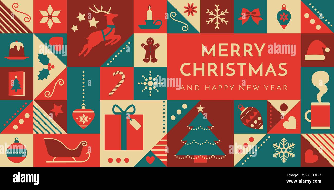 Christmas banner with geometrical festive icons and copy space Stock Vector