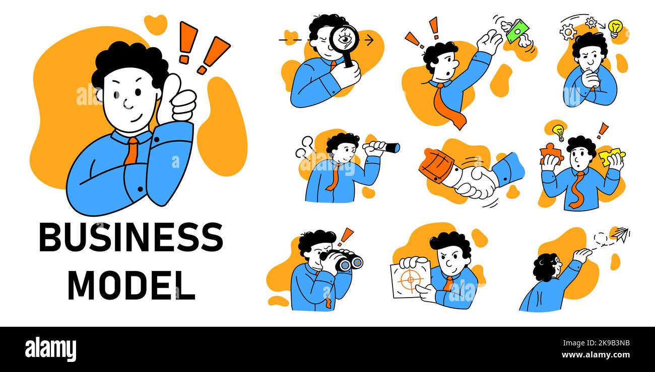 Startup and business development model concept. Cute business man in diverse business activities, process. Vector illustration Stock Vector