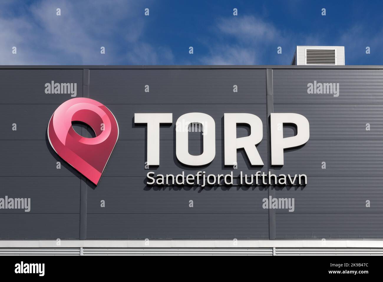 Sandefjord, Norway. May 02, 2022: Logo of TORP Sandefjord Airport in Norway. Stock Photo