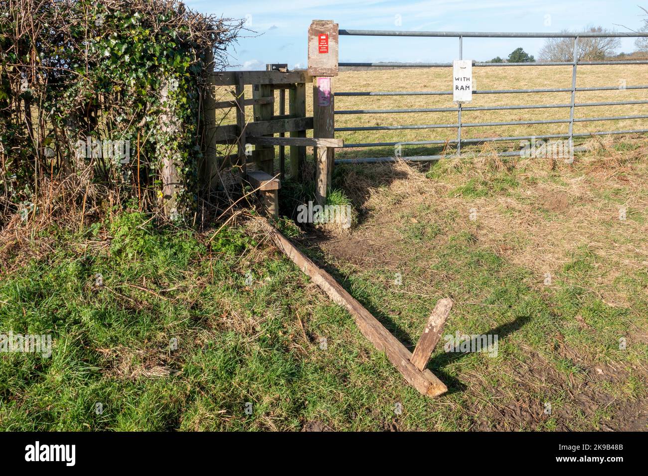 Directional arrow footpath sign mounted on a wooden post laying flat on its back on the grass pointing skyward Stock Photo