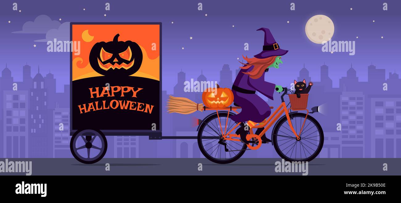 Scary ugly witch riding a bicycle and showing Happy Halloween wishes on a trailer advertising sign Stock Vector