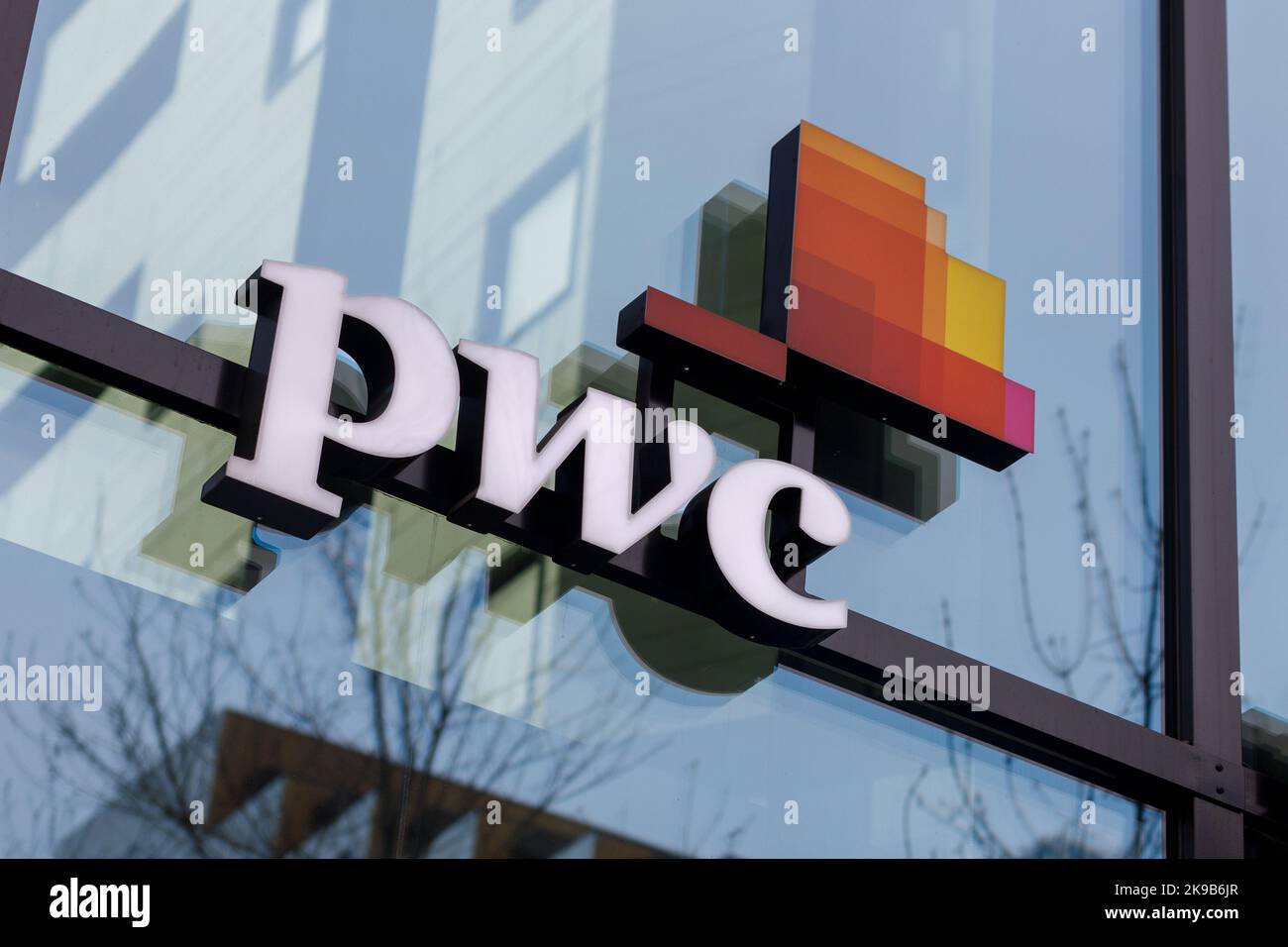 Oslo, Norway. May 02, 2022: PWC in the city of Oslo is an international network of professional services firms operating as companies under the PwC br Stock Photo