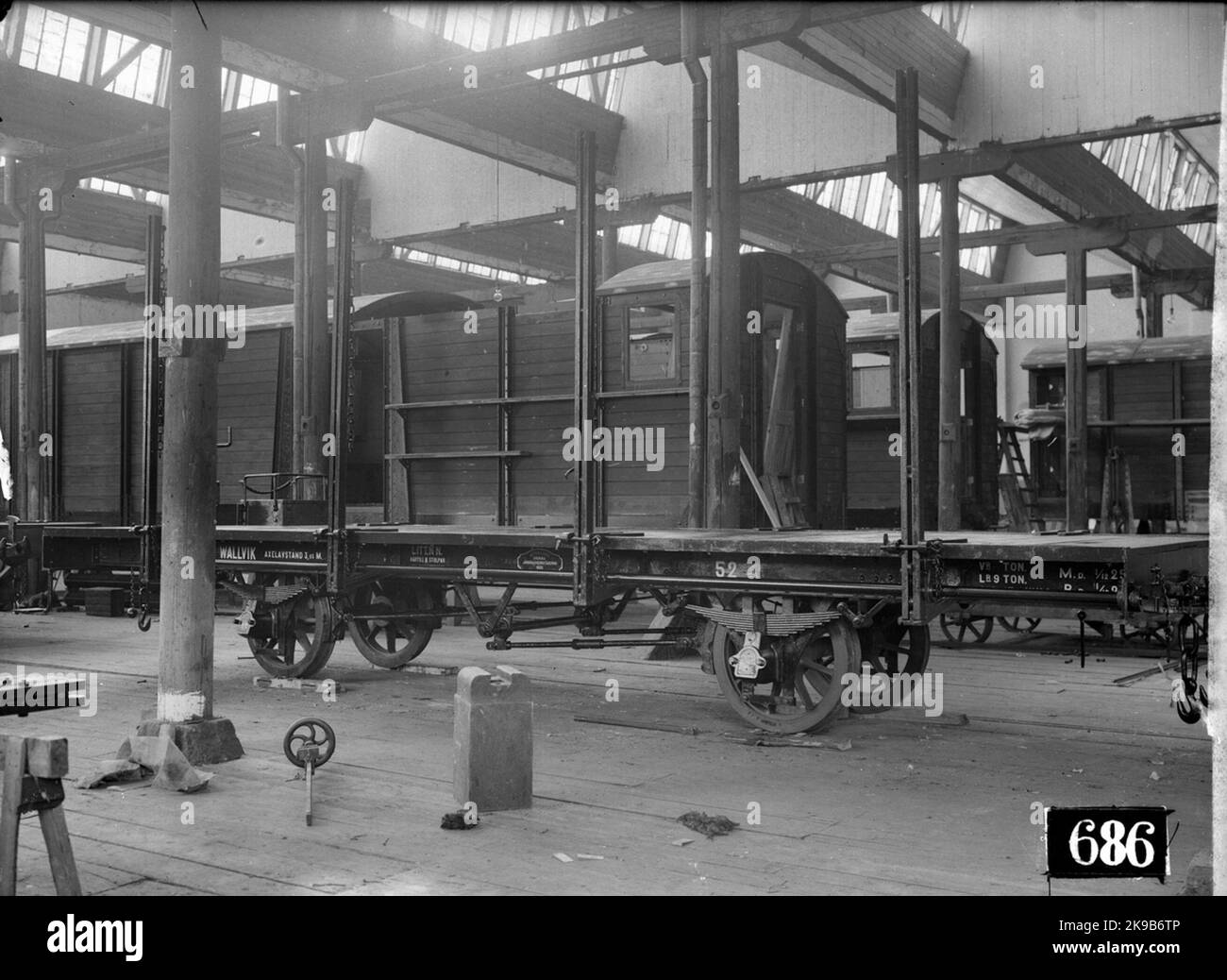 Carriage manufacturing at the limited company Svenska Railway workshops, ASJ.Goodwagon with brake manufactured for Sulfit AB Ljusnan, Littra NN 52. In the background, steam fins are manufactured to the State Railways, SJ FO3.Wallvik. Stock Photo