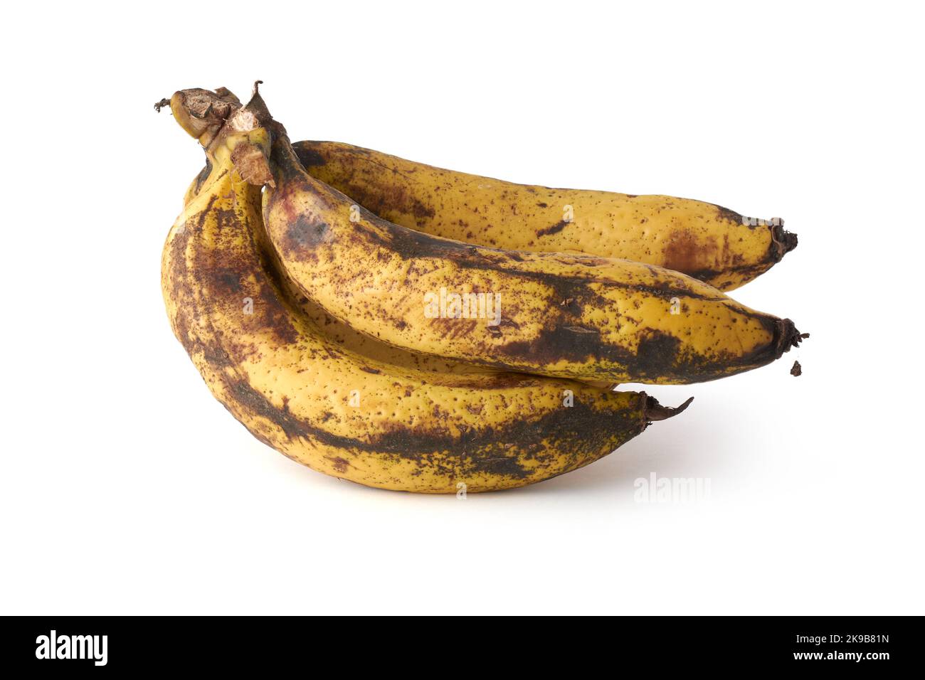 bunch of over ripe black or brown spotted banana, bruises on fruit isolated on white background Stock Photo