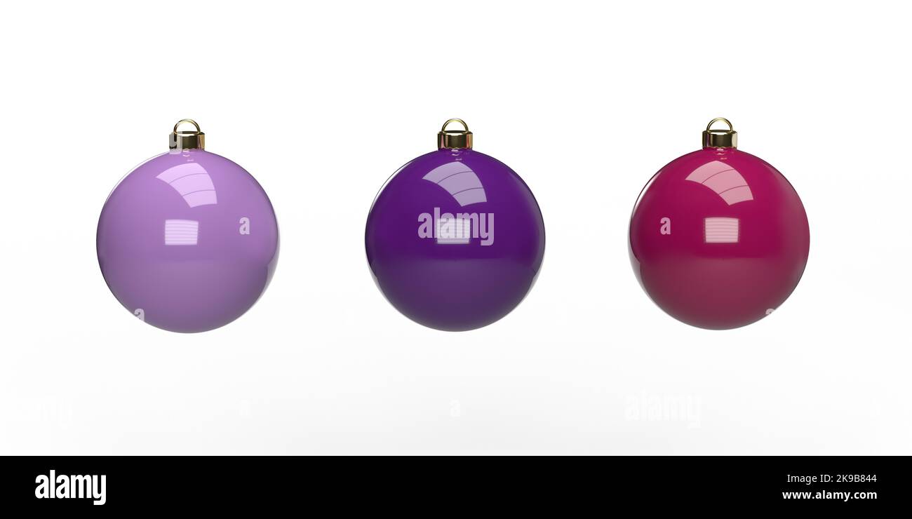 Beautiful plank purple Christmas balls baubles on white background, copy space and clipping path. Realistic Xmas glass decoration in 3D render. Poster Stock Photo