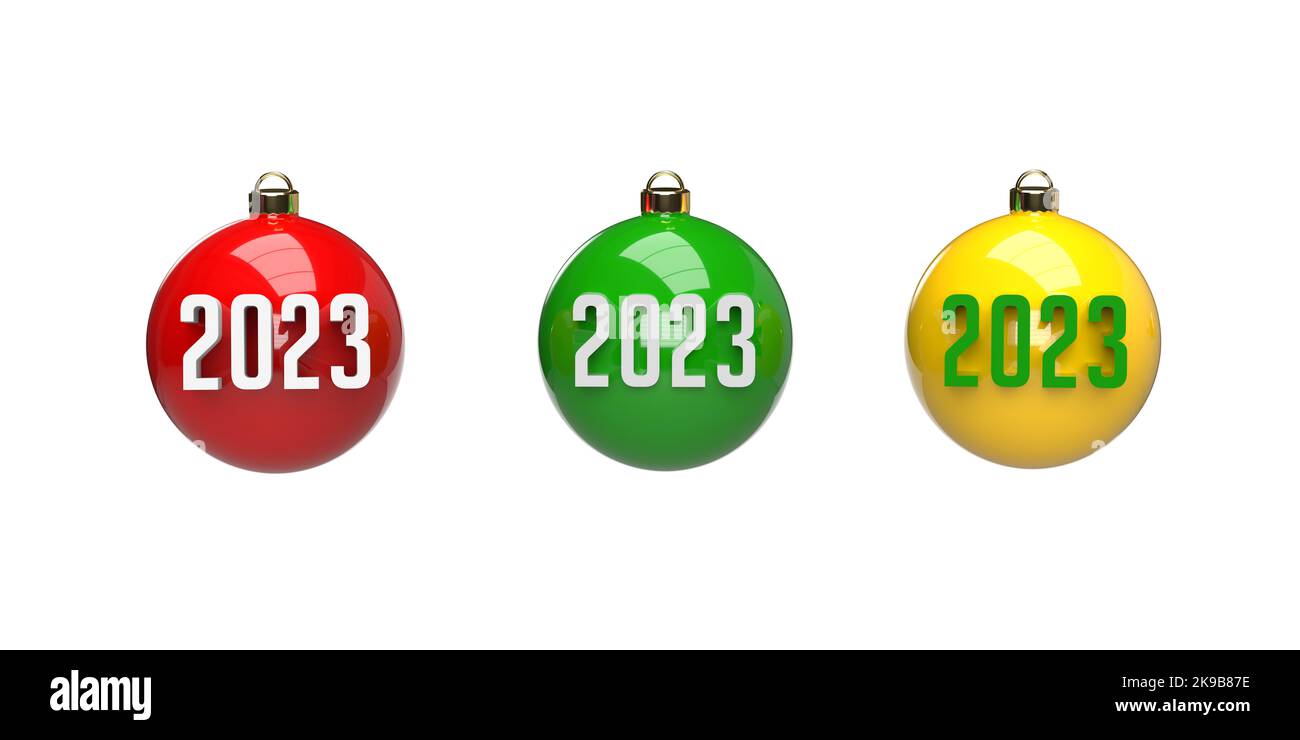 Beautiful colorful 2023 Christmas balls baubles on white background, copy space and clipping path. Realistic Xmas glass decoration in 3D render. Stock Photo